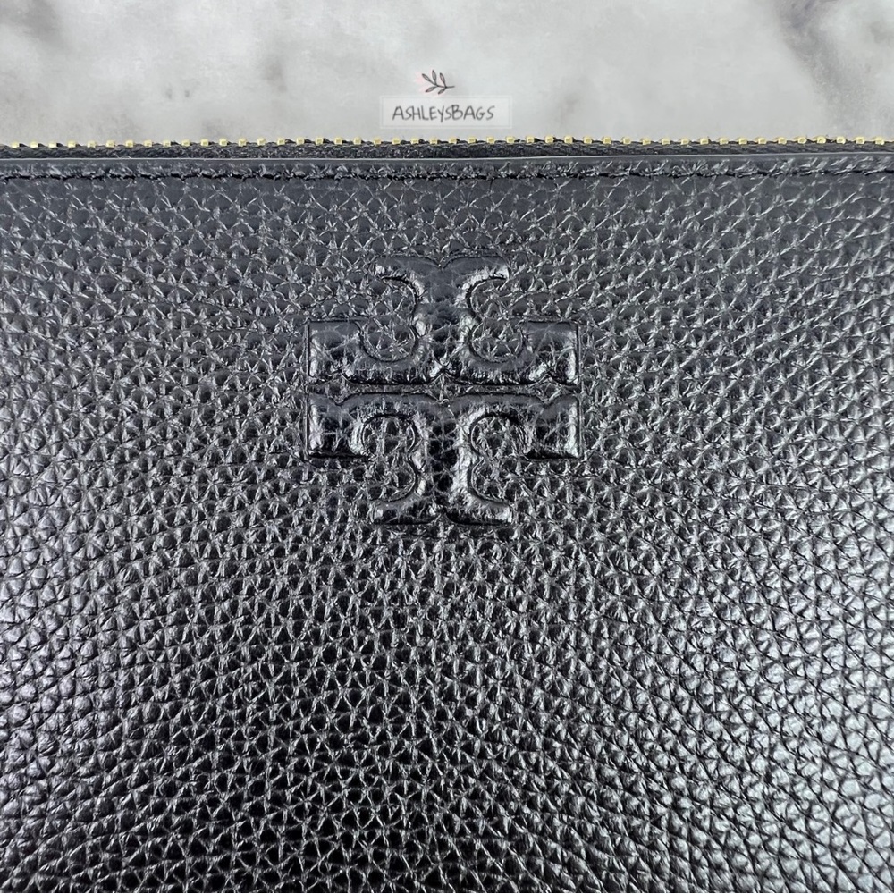 Tory Burch Black Pebbled Leather Zip Wallet with Card Holder and Gold Chain - Picture 3 of 12